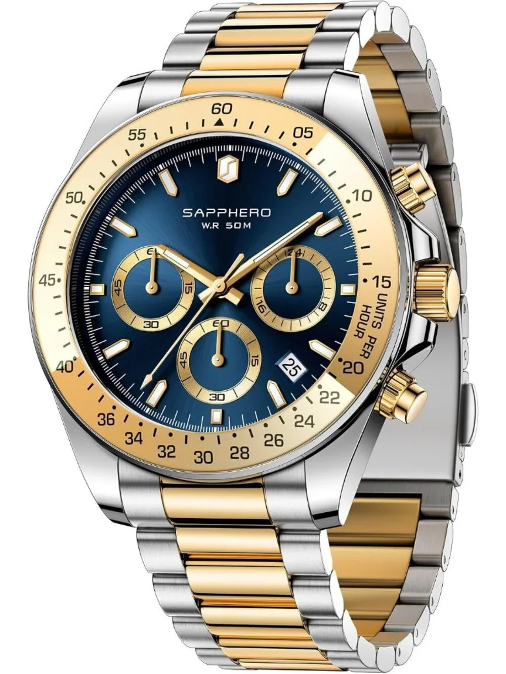 Men's Gold Silver Strap Blue Quartz Chronograph Stainless Steel Waterproof Watch